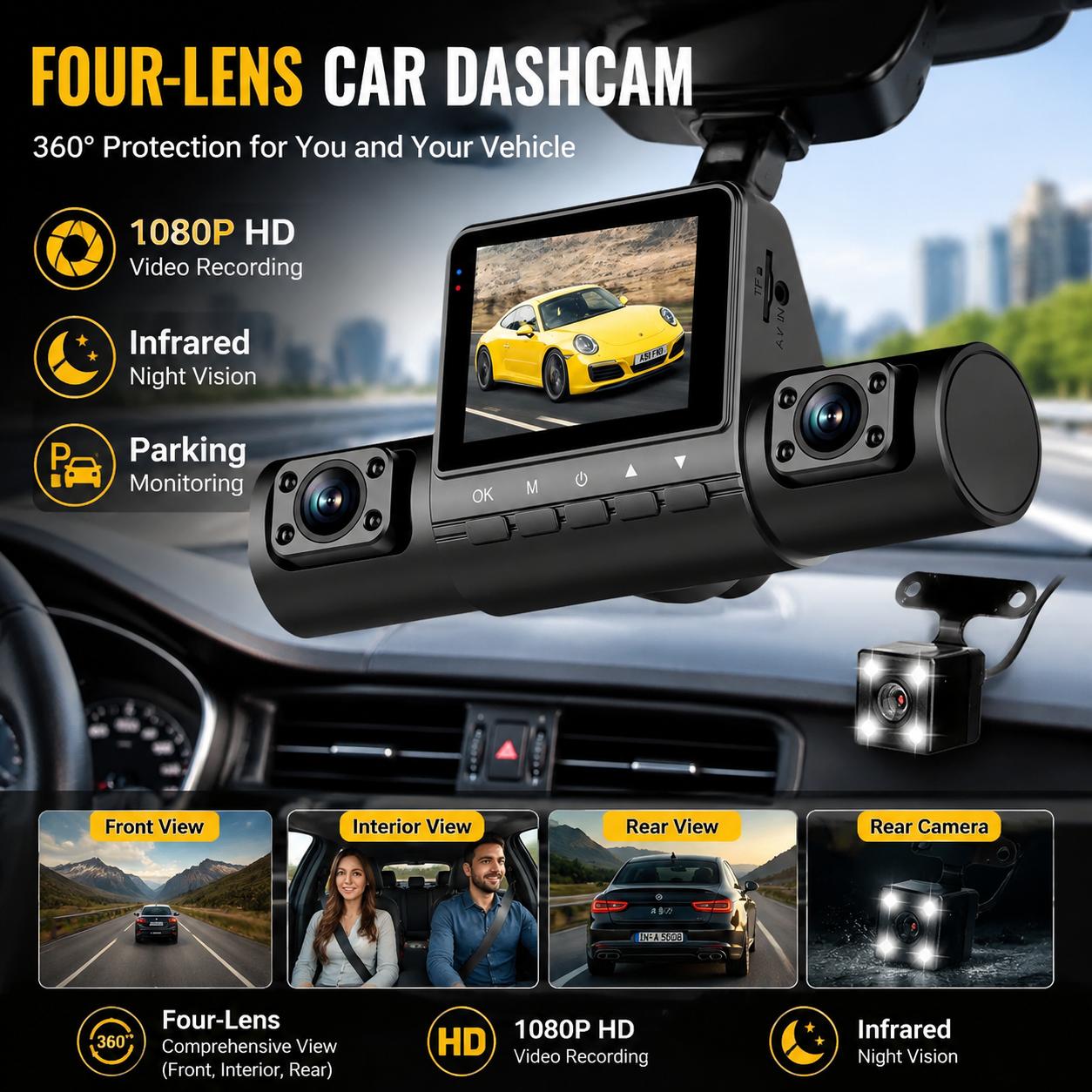 Panoramic Dash Cam 360 - Kamera Dasbor 4 Lensa 1080P Full